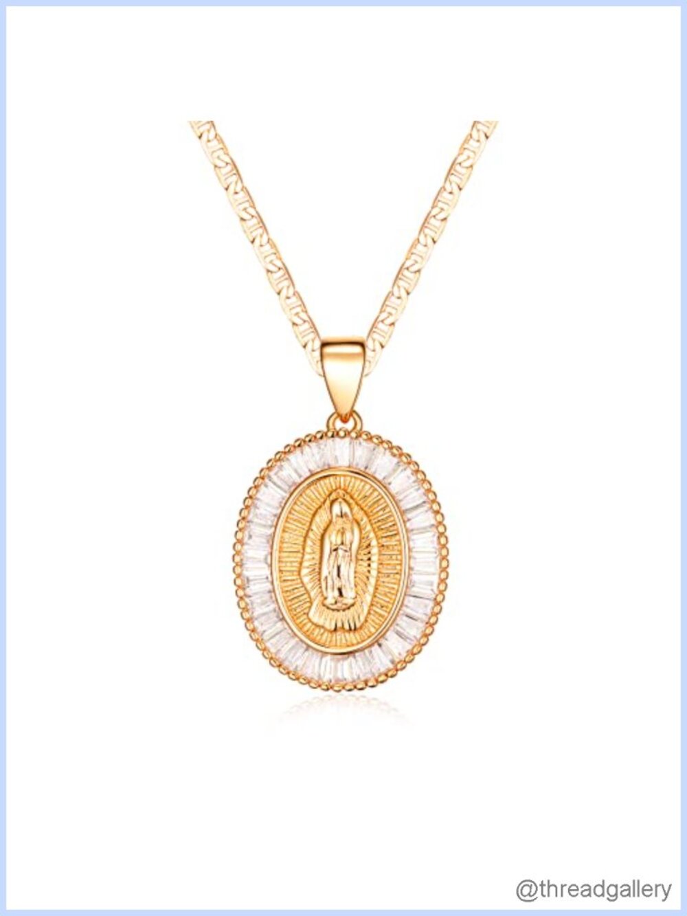 18K Gold Plated Flat Mariner 3MM Chain Necklace Cubic Zirconia Virgin Mary